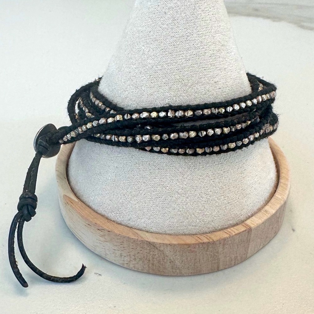 Chan Luu Black Leather Long Wrap Bracelet w/ Antique Silver Oval Button Closure - Picture 8 of 14